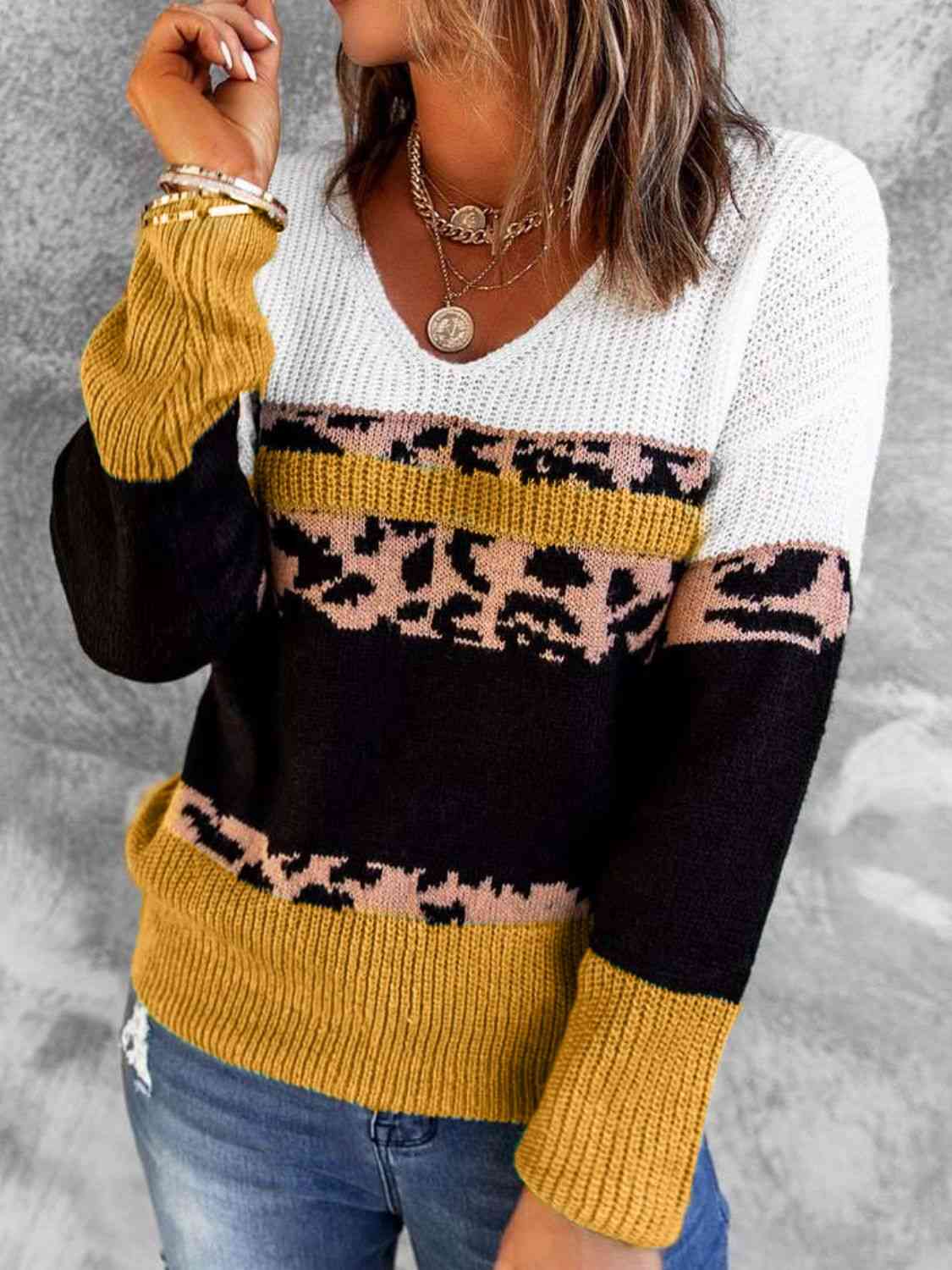 Woven Right Leopard Color Block V-Neck Rib-Knit Sweater