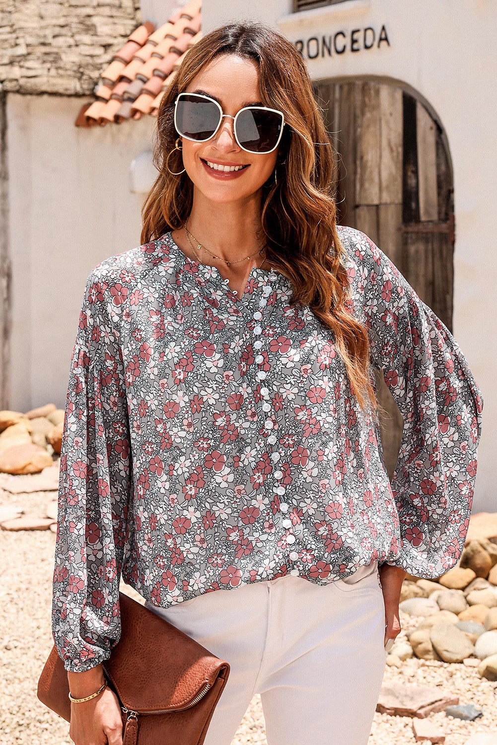 Printed Notched Balloon Sleeve Blouse 