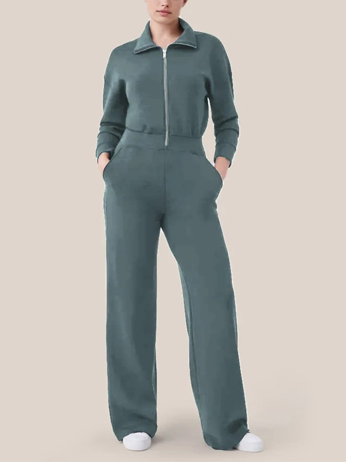 Zip Up Long Sleeve Jumpsuit with Pockets