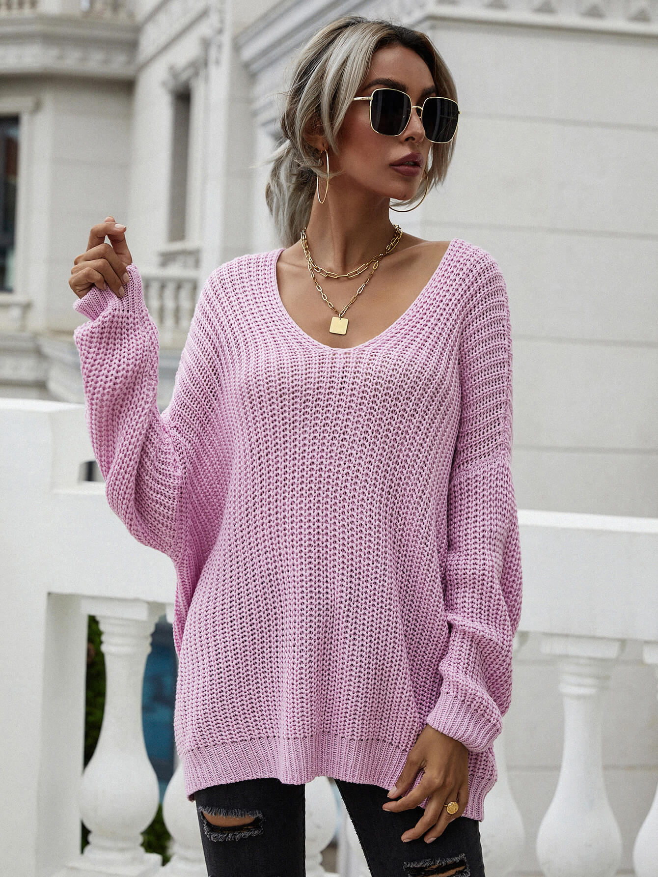 Rib-Knit Drop Shoulder V-Neck Pullover Sweater 