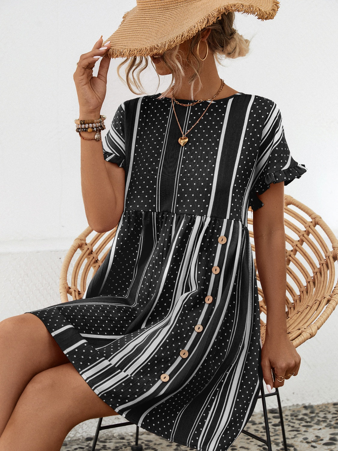 Striped Polka Dot Frill Short Sleeve Mini Dress 