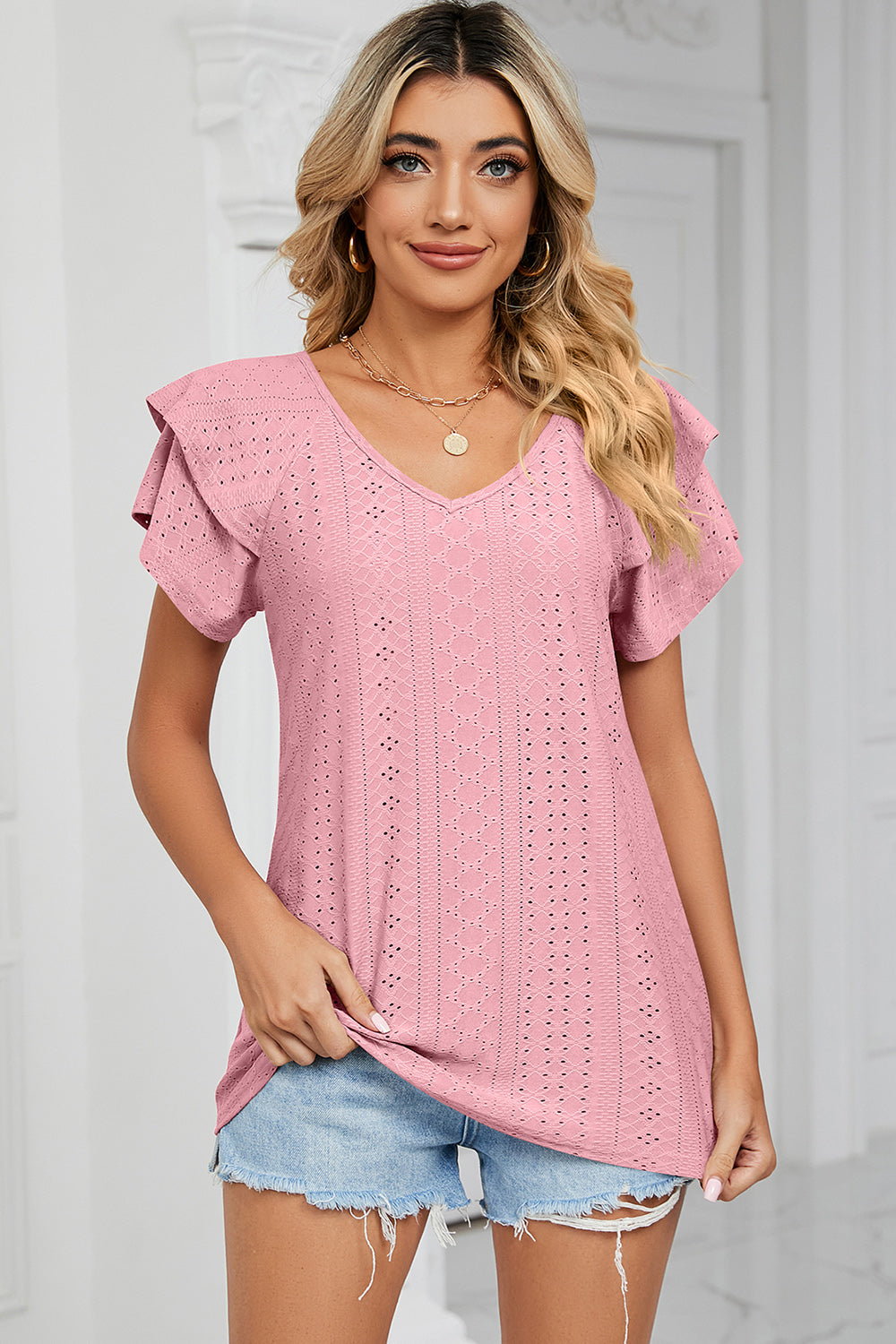 Eyelet V-Neck Short Sleeve T-Shirt 