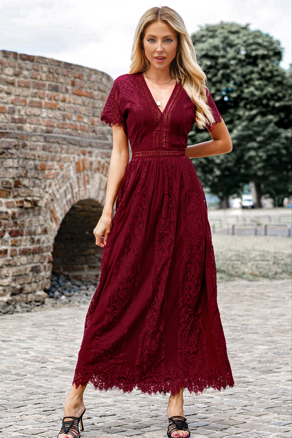 Scalloped Trim Lace Plunge Dress - Babbazon Maxi Dress