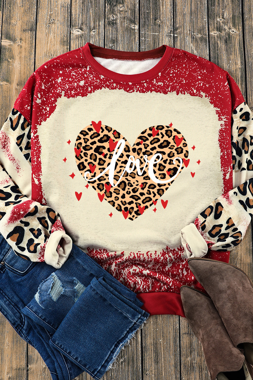 LOVE Heart Leopard Round Neck Sweatshirt 