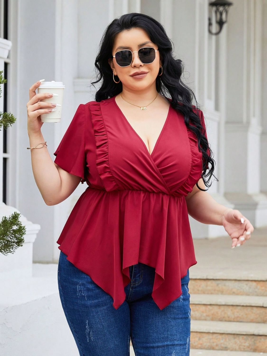 Plus Size Frill Surplice Flutter Sleeve Blouse 