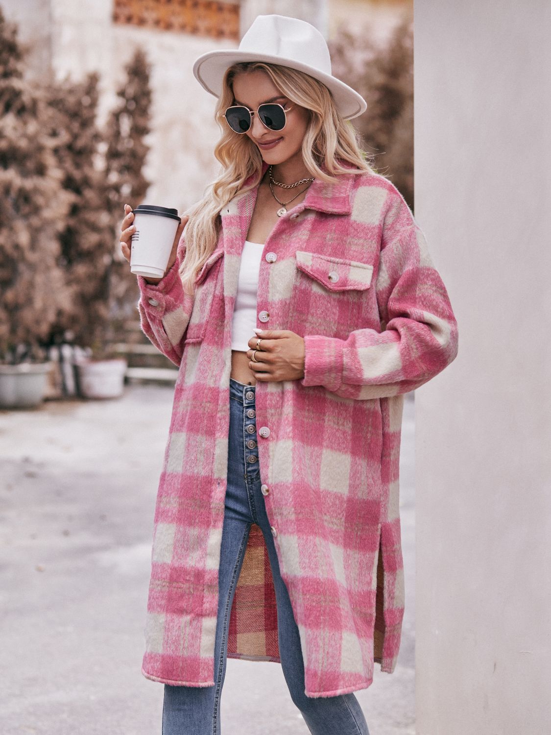 Plaid Dropped Shoulder Slit Coat 