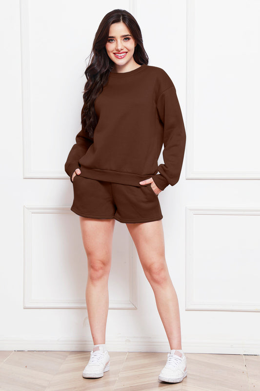 Round Neck Long Sleeve Sweatshirt and Drawstring Shorts Set 