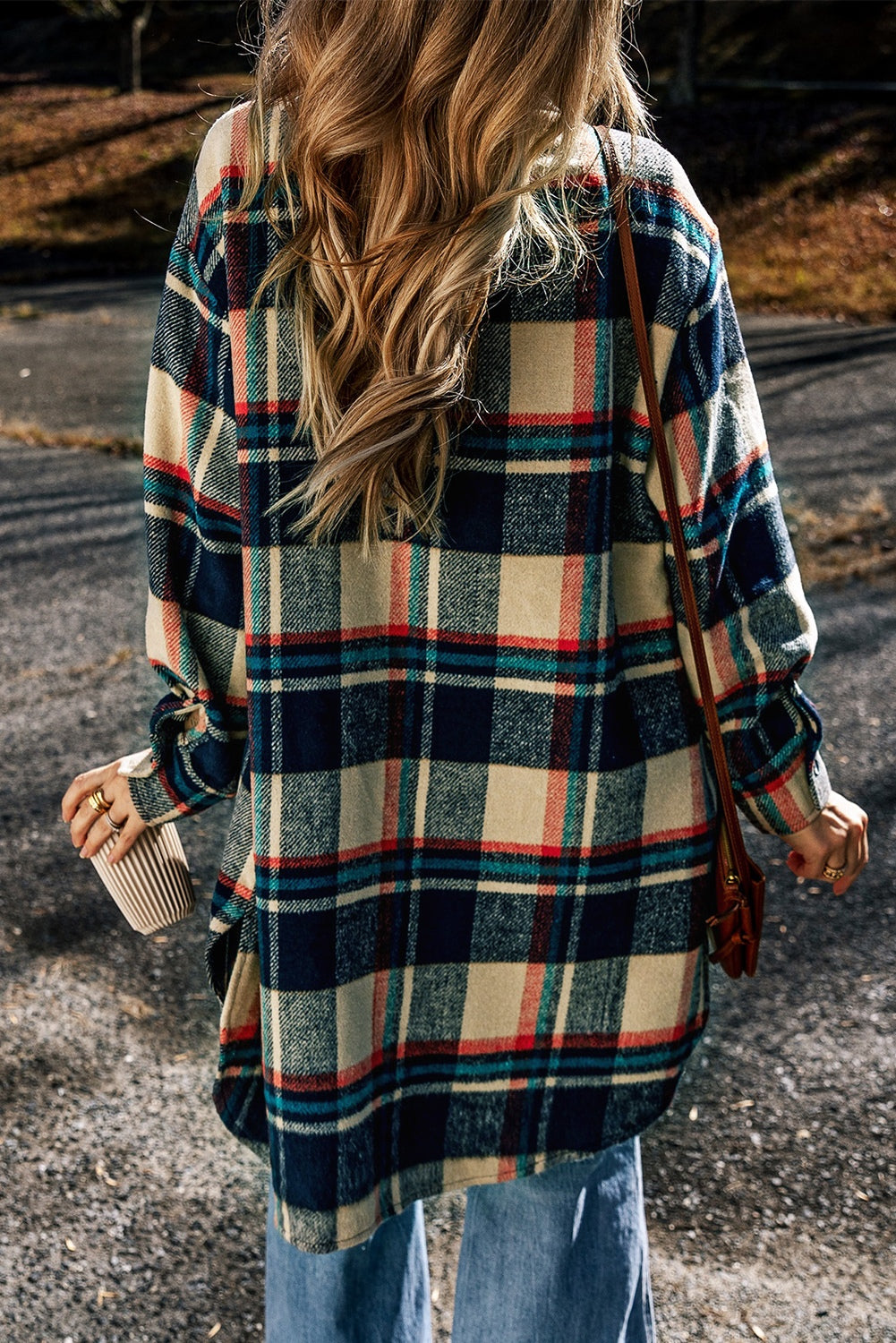 Plaid Button Up Long Sleeve Slit Shacket 