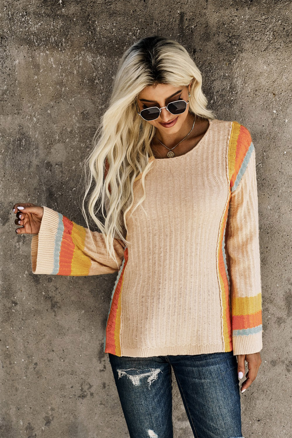 Striped Round Neck Long Sleeve Sweater 