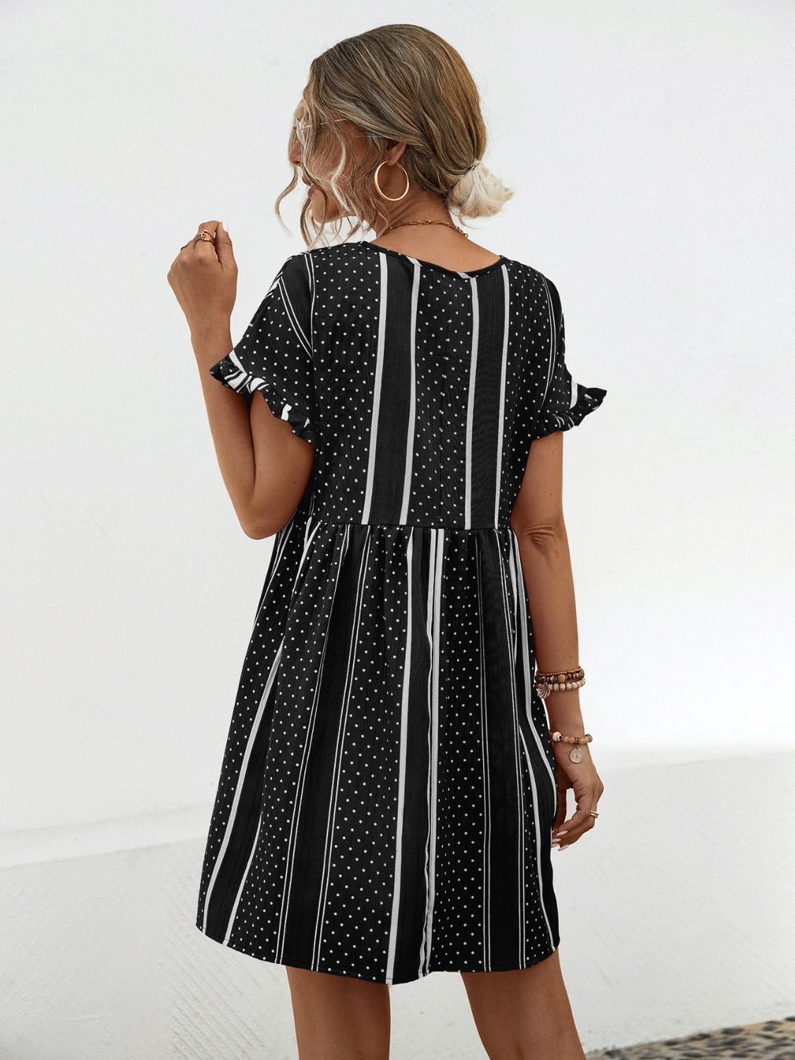 Striped Polka Dot Frill Short Sleeve Mini Dress 