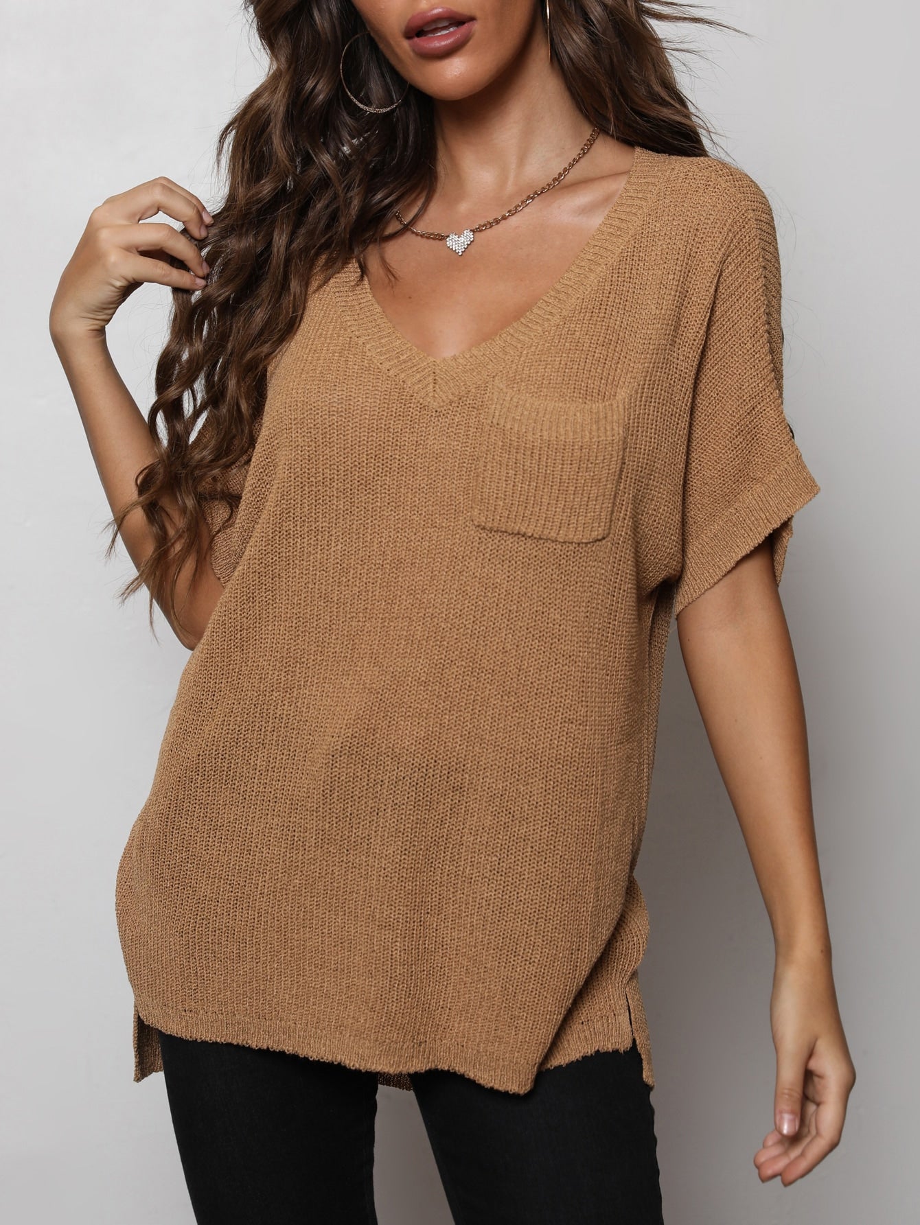 V-Neck Slit High-Low Knit Top 