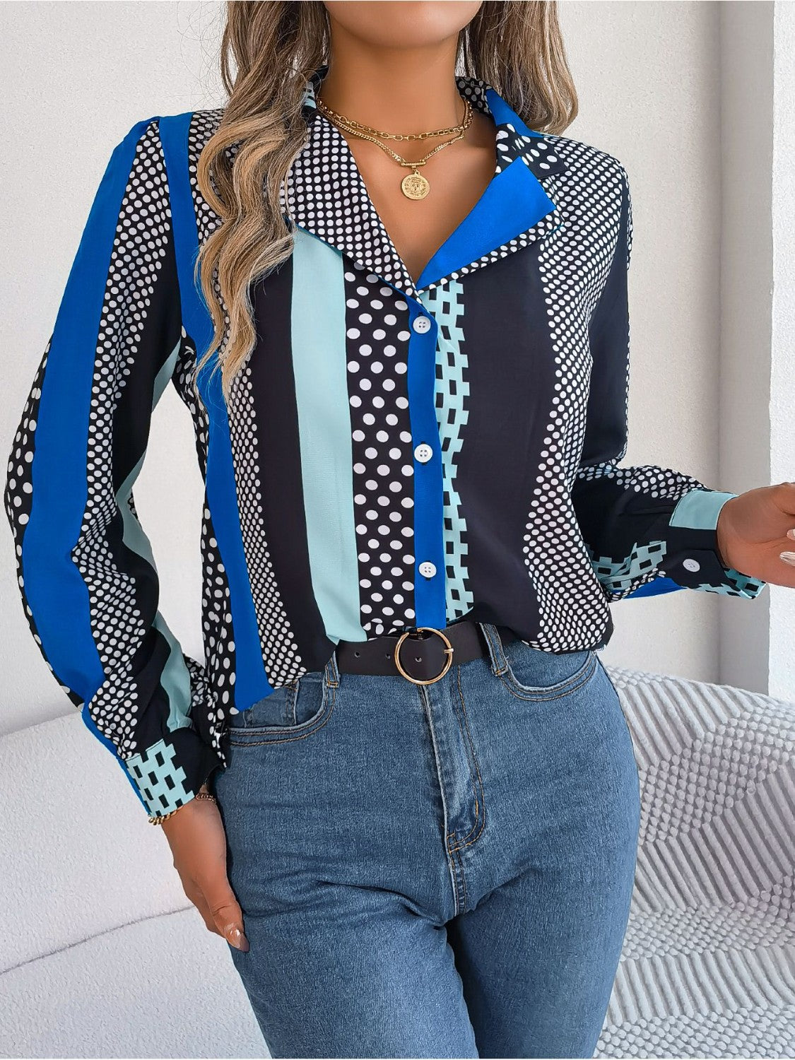 Polka Dot Contrast Long Sleeve Shirt 