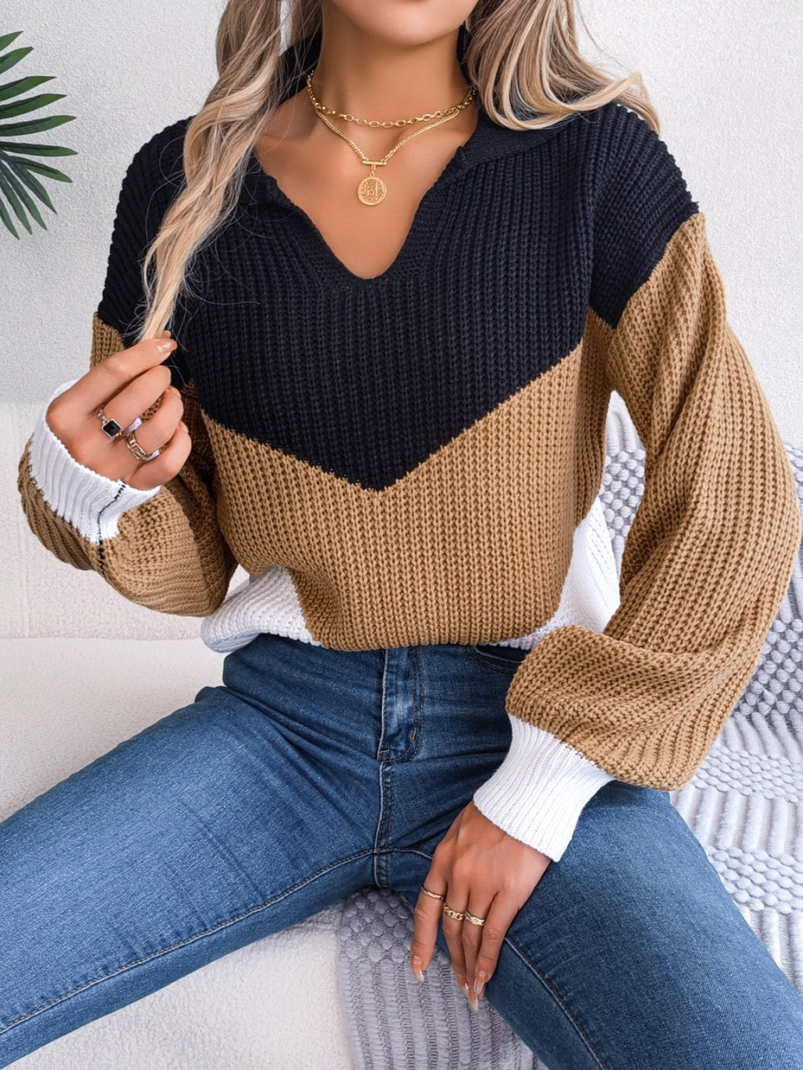 Color Block Dropped Shoulder Sweater 