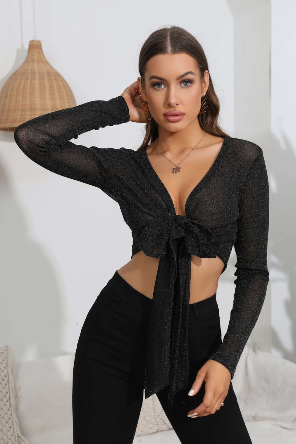 Tie Front Deep V Long Sleeve Crop Top 