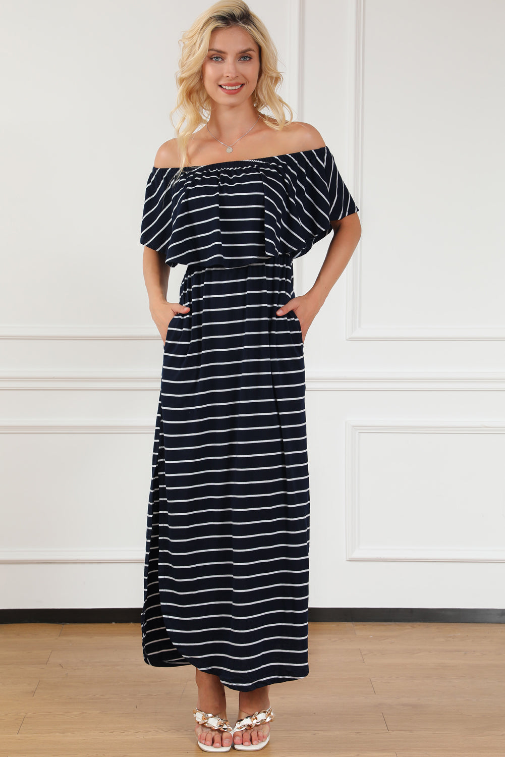 Striped Off-Shoulder Slit Dress - Babbazon Midi Dress