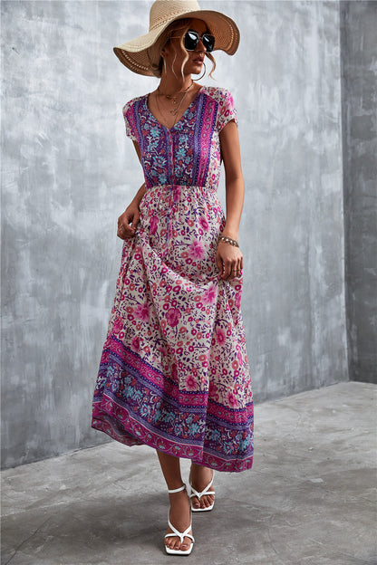 V-Neck Short Sleeve Printed Maxi Dress 