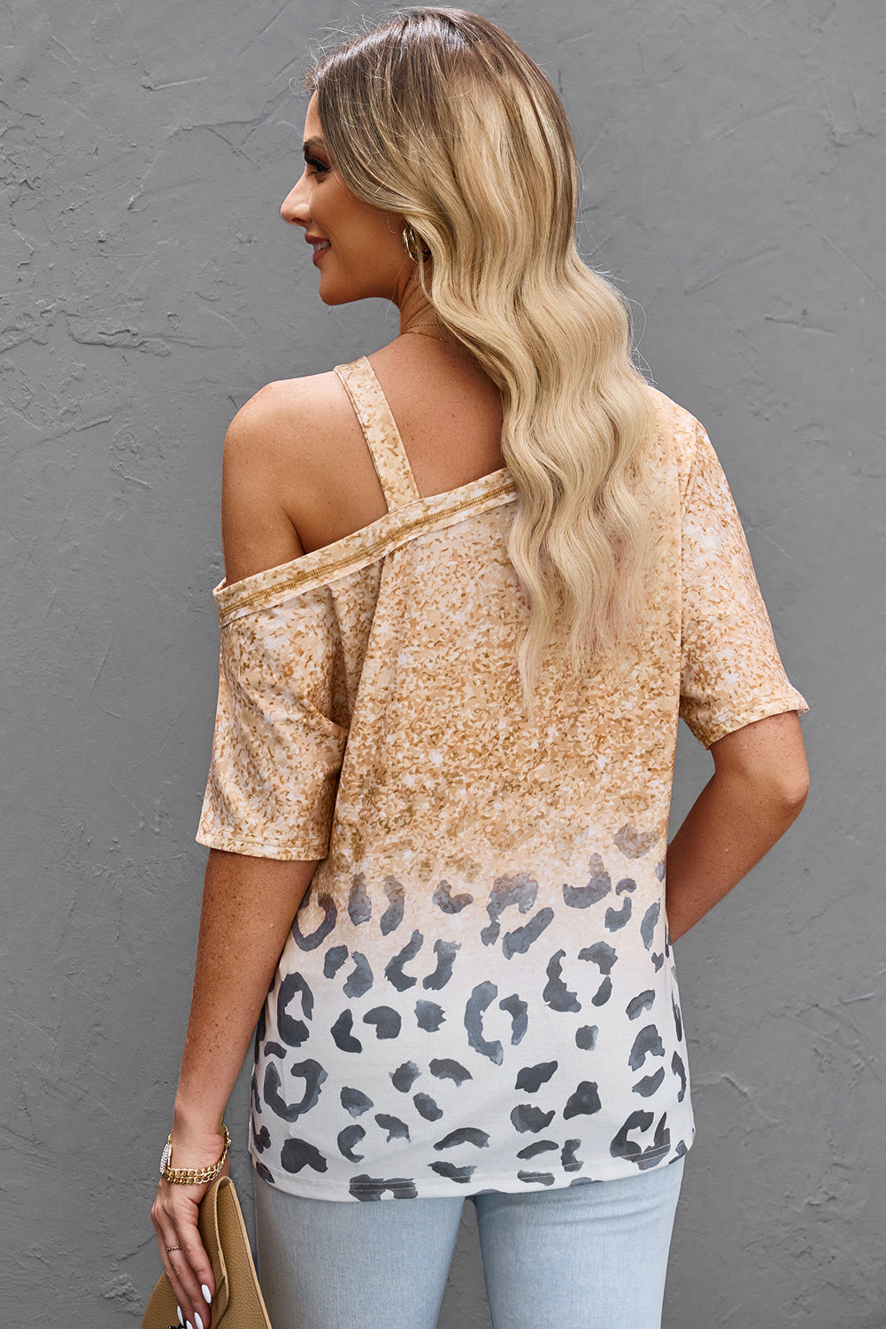 Leopard Asymmetrical Neck Cold-Shoulder Blouse 