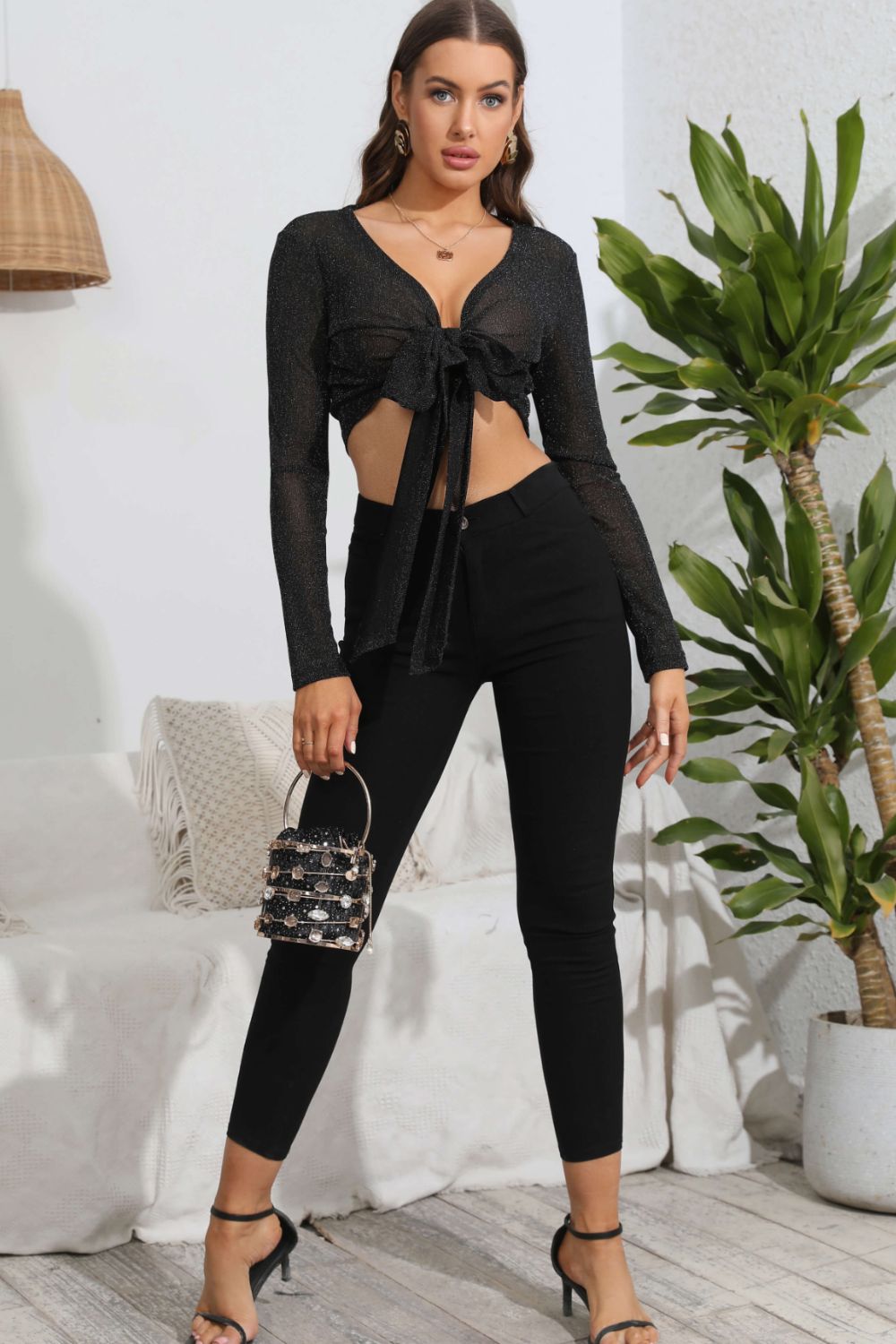 Tie Front Deep V Long Sleeve Crop Top 