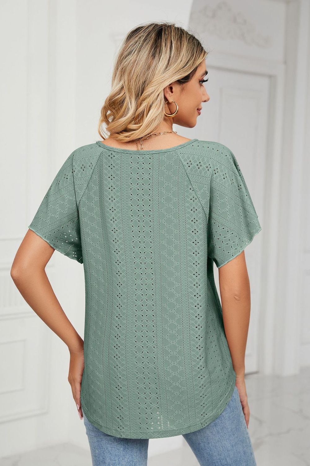 Eyelet Tie-Neck Flutter Sleeve Top 