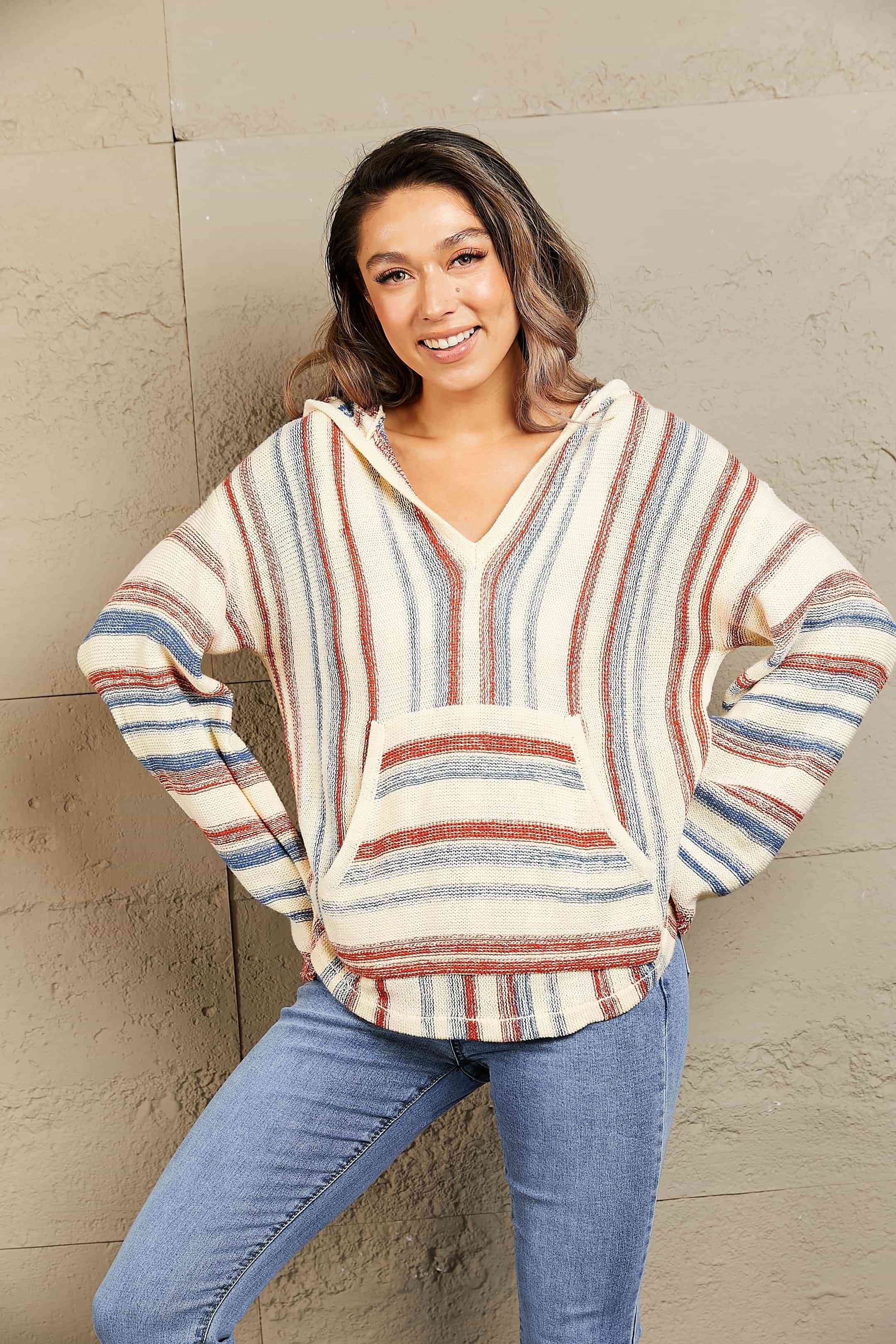 Striped Hooded Sweater with Kangaroo Pocket 