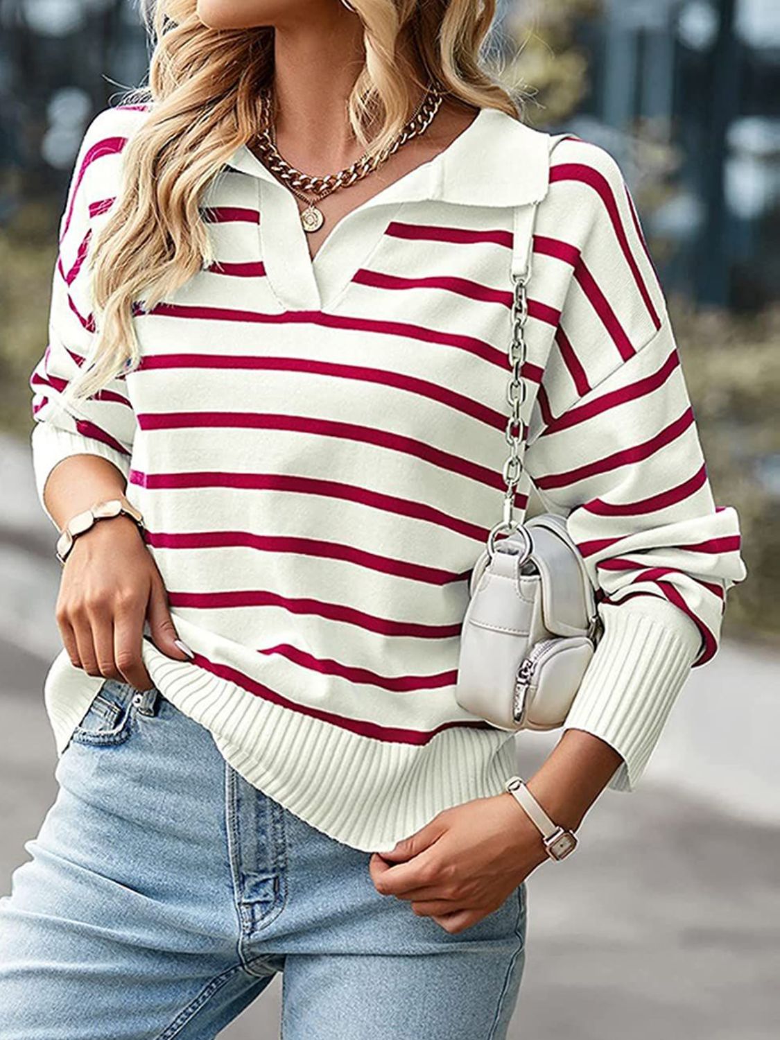 Striped Collared Neck Knit Top 