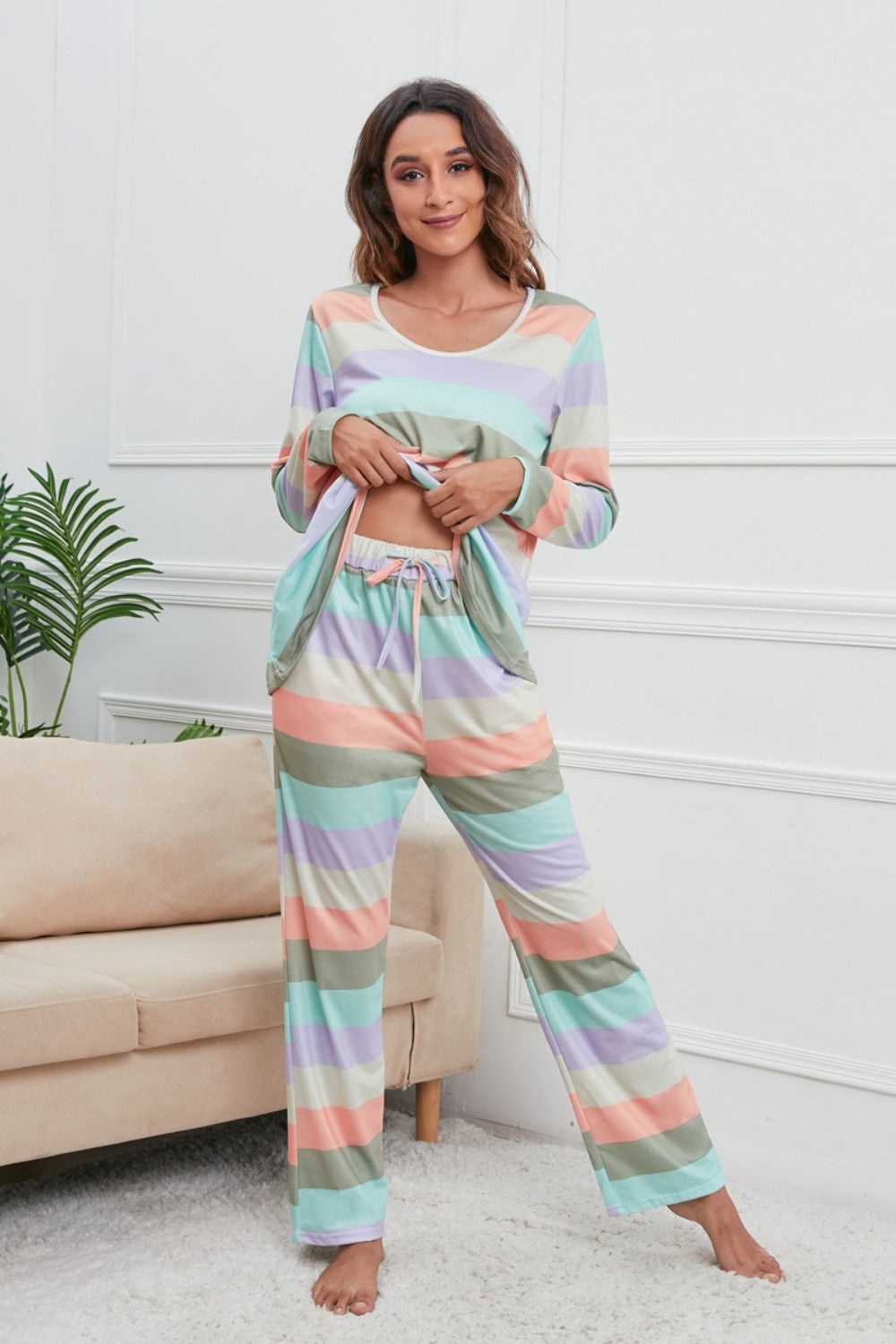 Striped Round Neck Long Sleeve Top and Drawstring Pants Lounge Set 