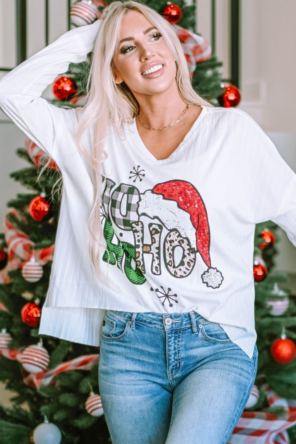 V-Neck Christmas Graphic High-Low Design Long Sleeve Top 