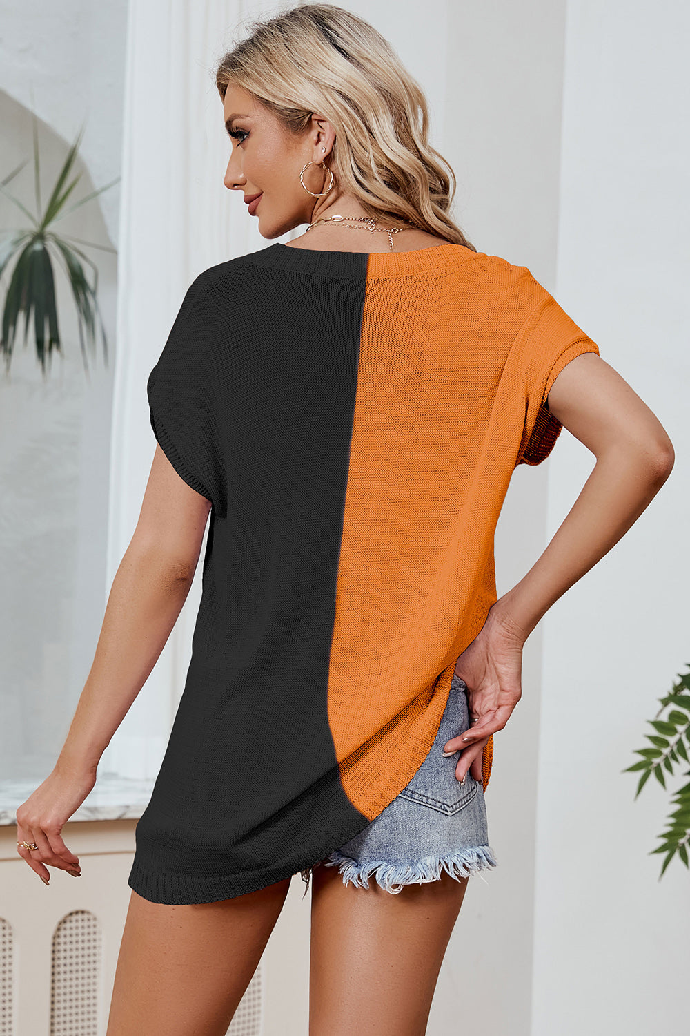 Color Block V-Neck Short Sleeve Knit Top 