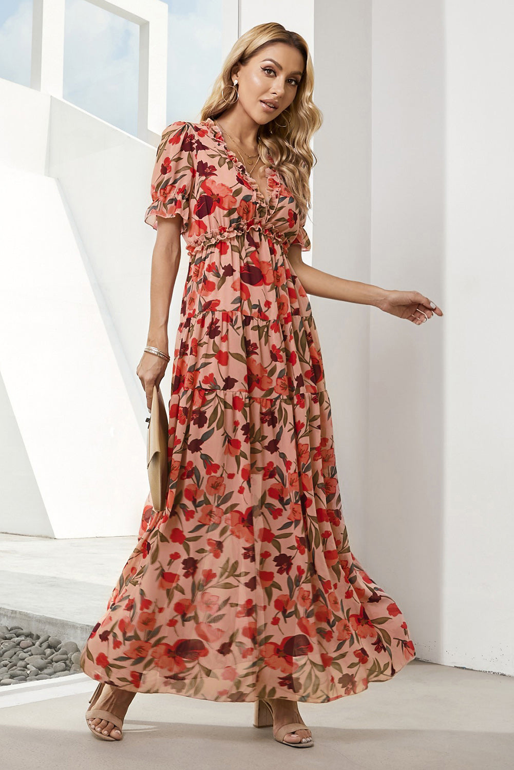 Floral V-Neck Short Flounce Sleeve Dress - Babbazon Maxi Dress