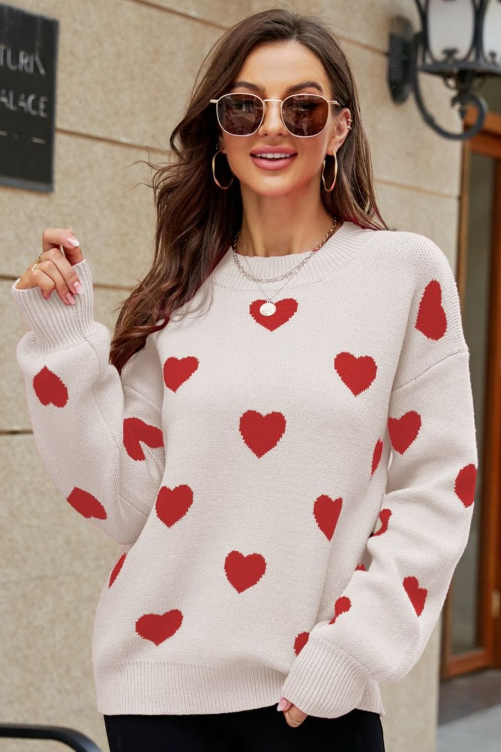 Woven Right Heart Pattern Lantern Sleeve Round Neck Tunic Sweater 