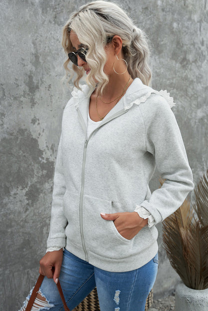 Lace Trim Zip-Up Hooded Jacket 