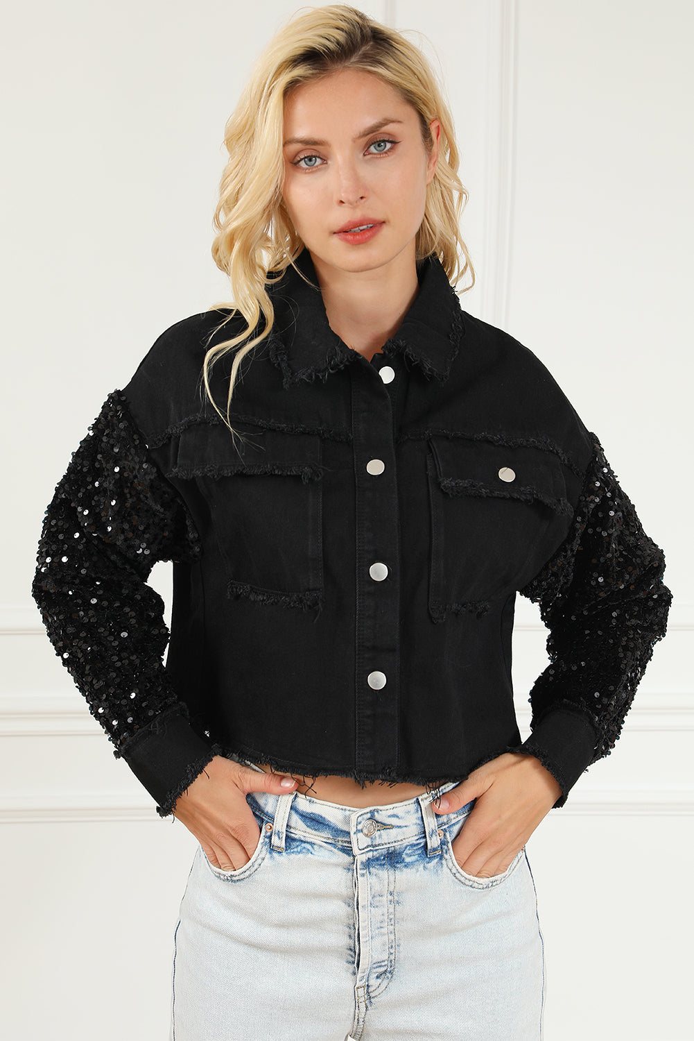 Sequin Button Up Raw Hem Denim Jacket - Babbazon Jacket