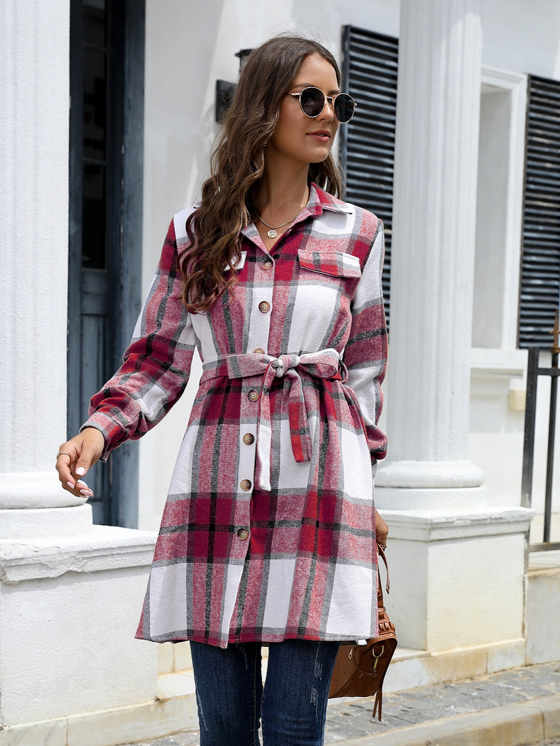 Plaid Belted Collared Neck Button Up Jacket 