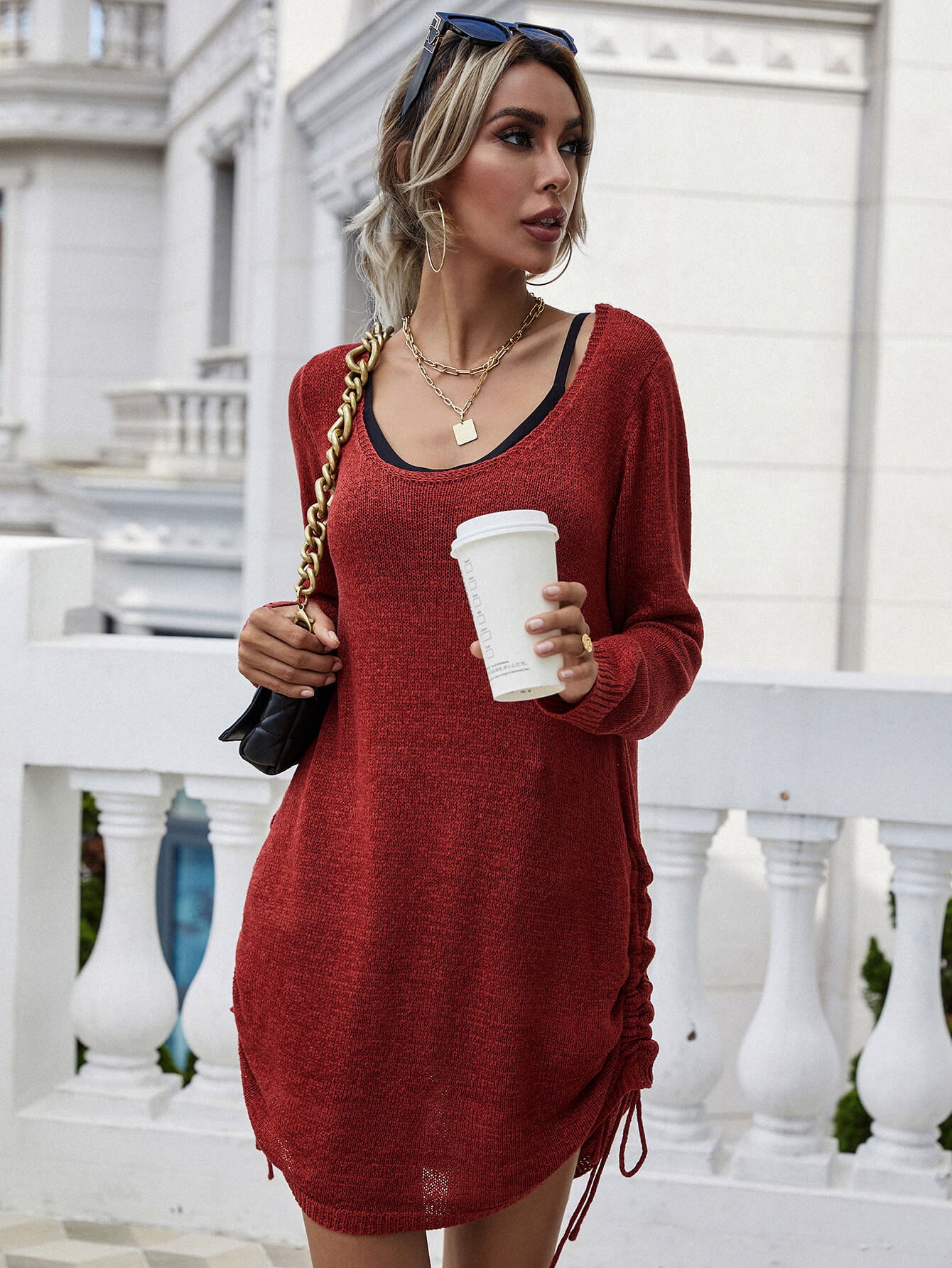 Drawstring Detail Open Back Scoop Neck Knit Top 