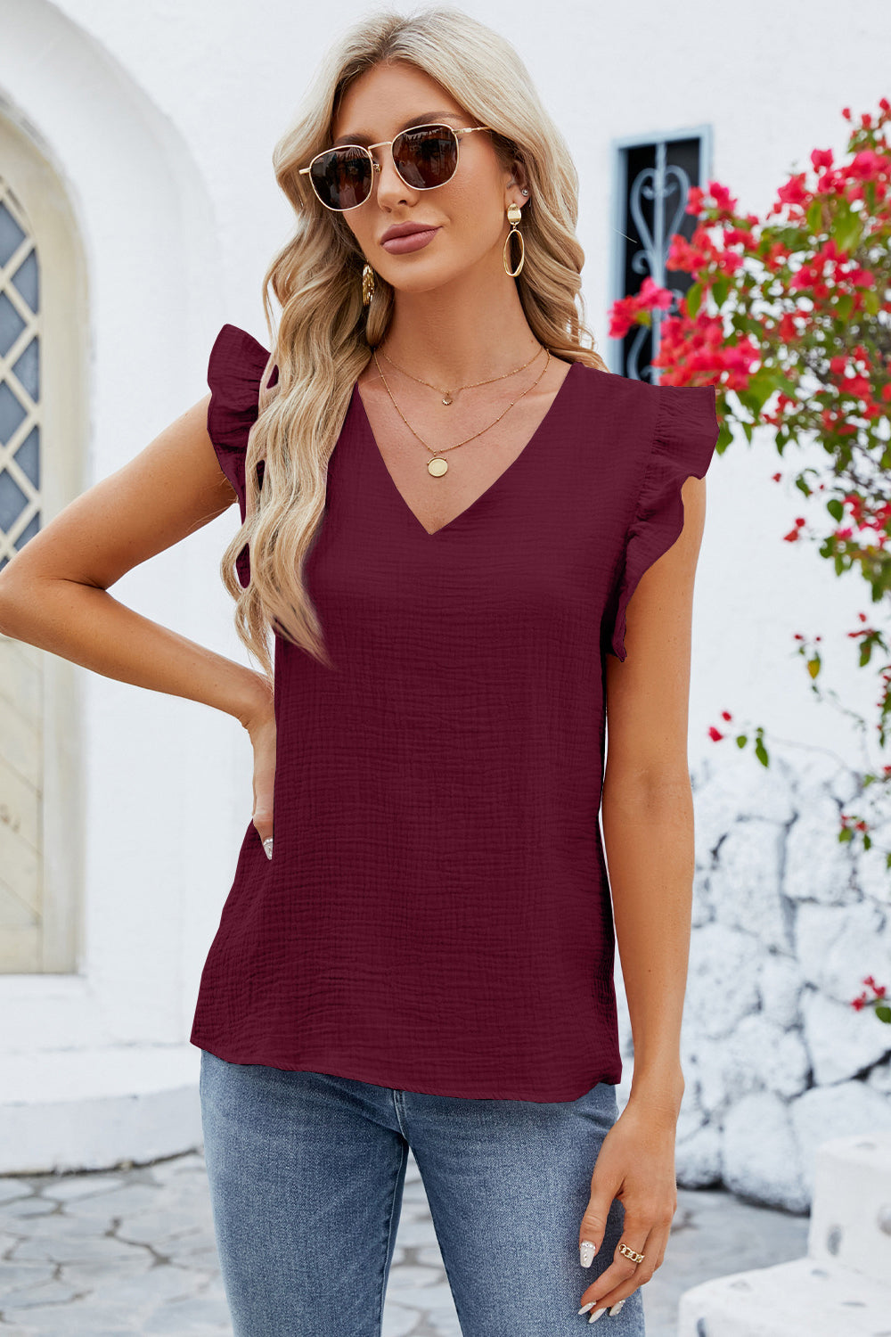 Ruffled V-Neck Cap Sleeve Blouse 