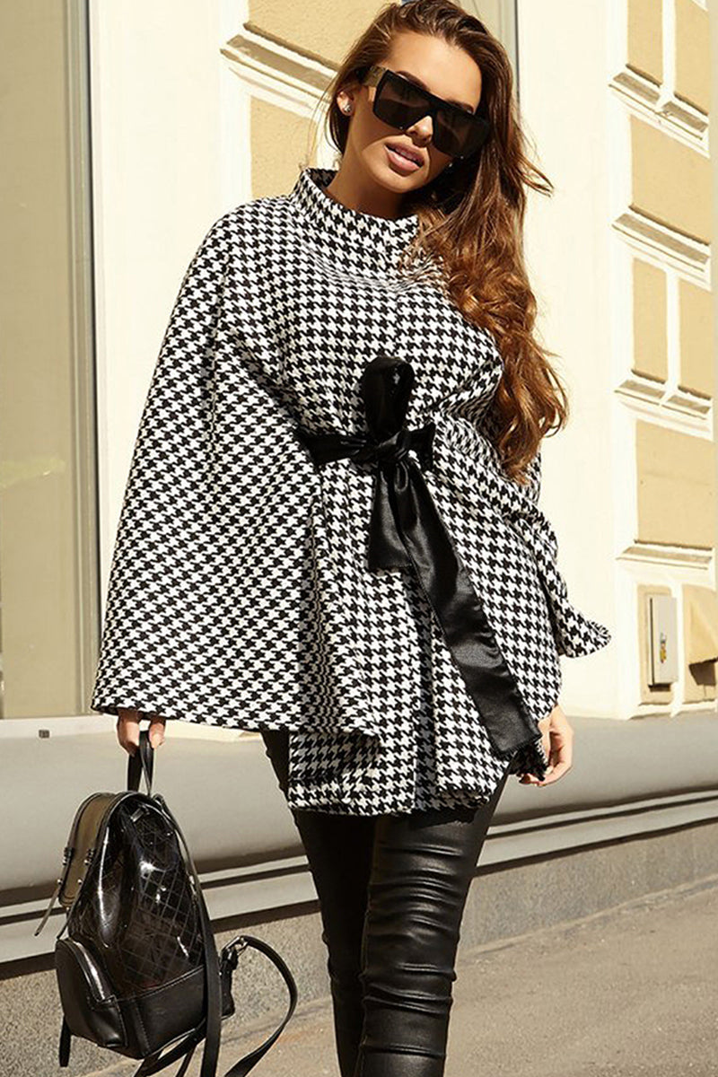 Houndstooth Tie Waist Trench Coat 