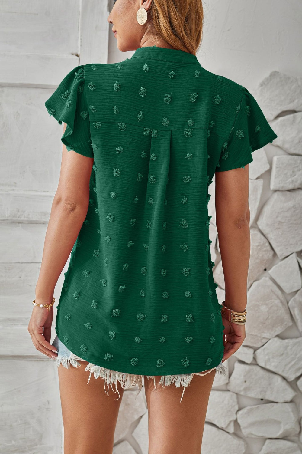 Swiss Dot Notched Cap Sleeve T-Shirt 