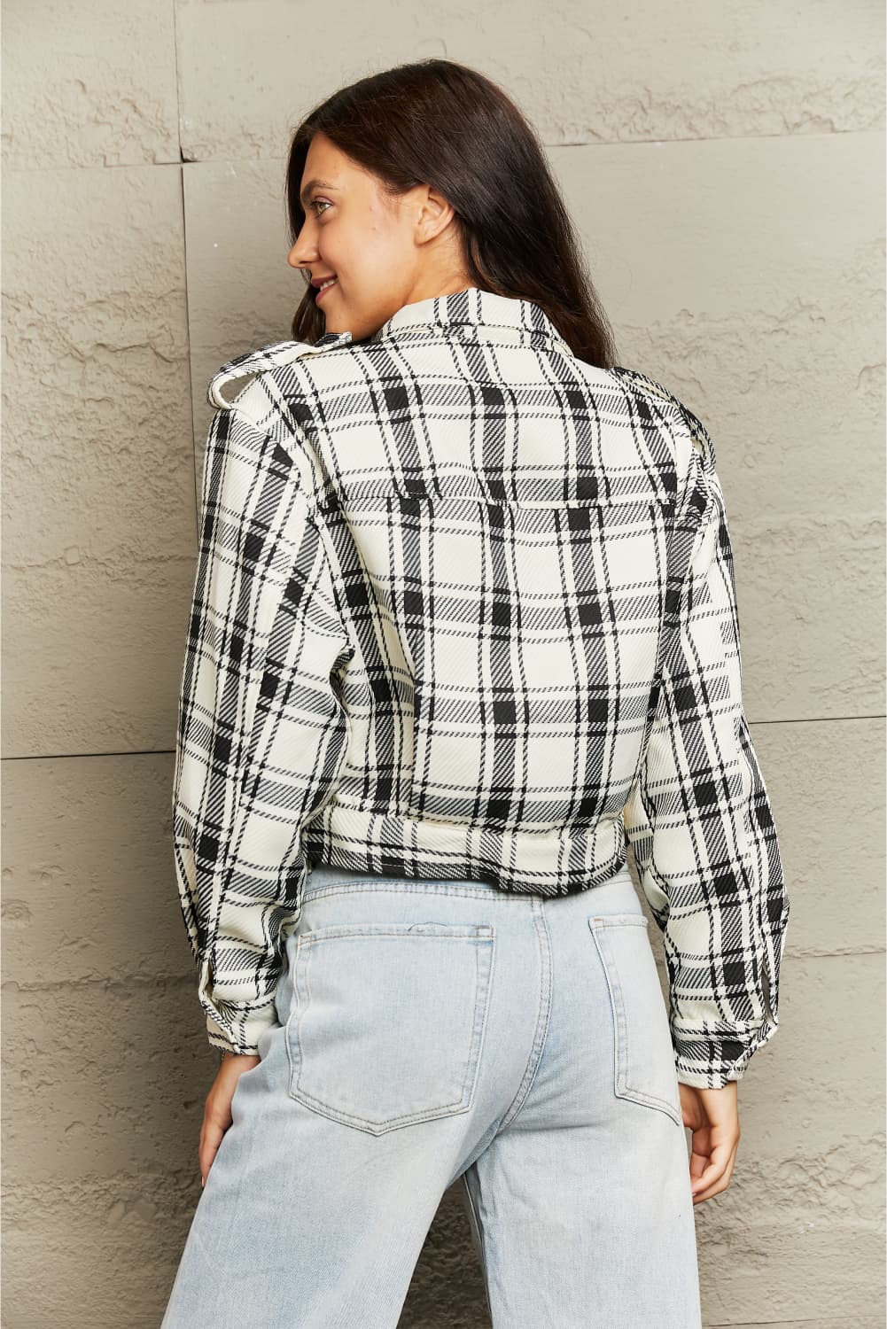 Plaid Collared Neck Long Sleeve Jacket 