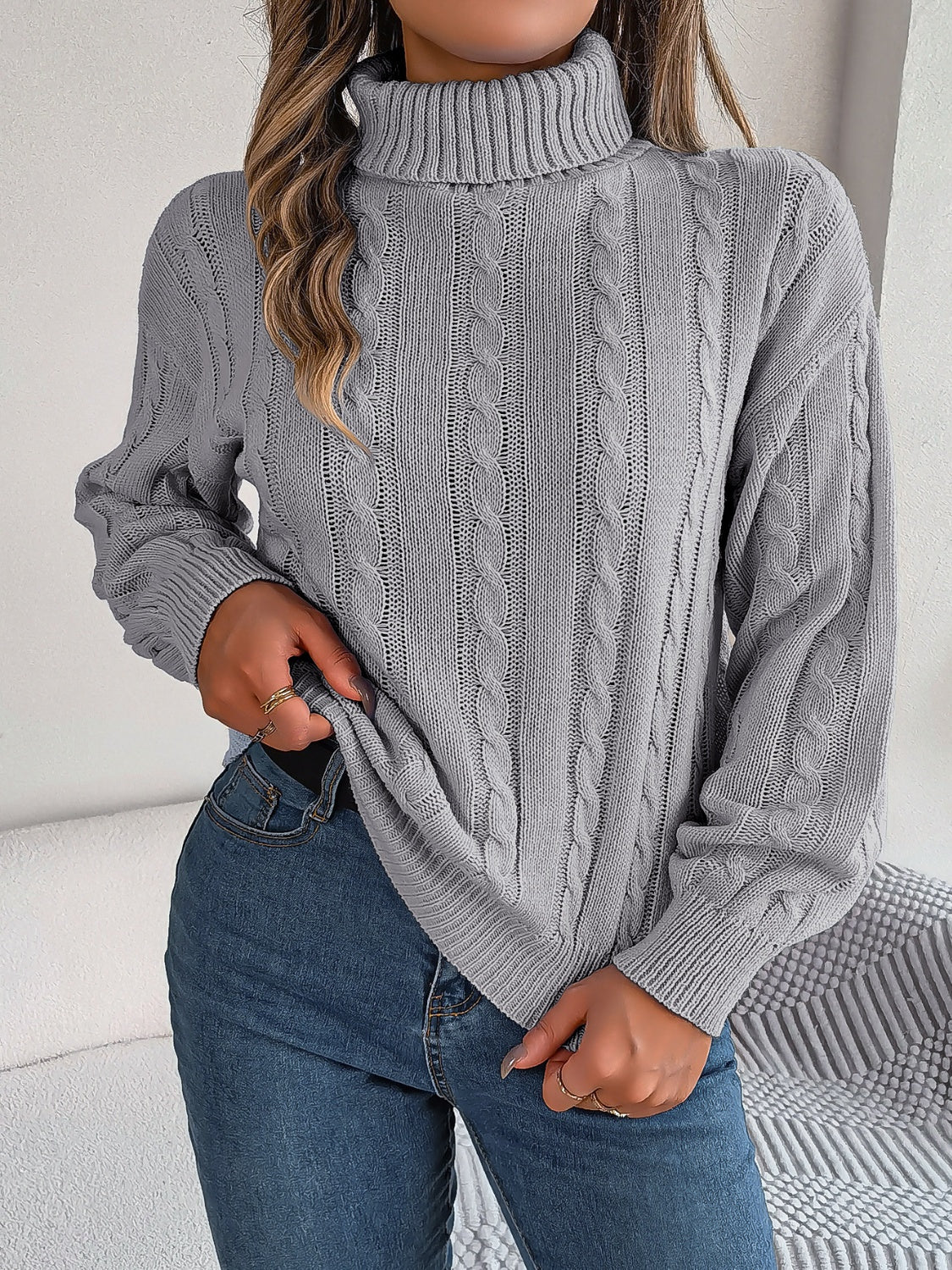 Cable-Knit Turtleneck Dropped Shoulder Sweater 