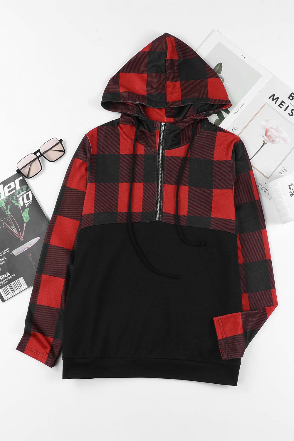 Drawstring Plaid Half Zip Hoodie 