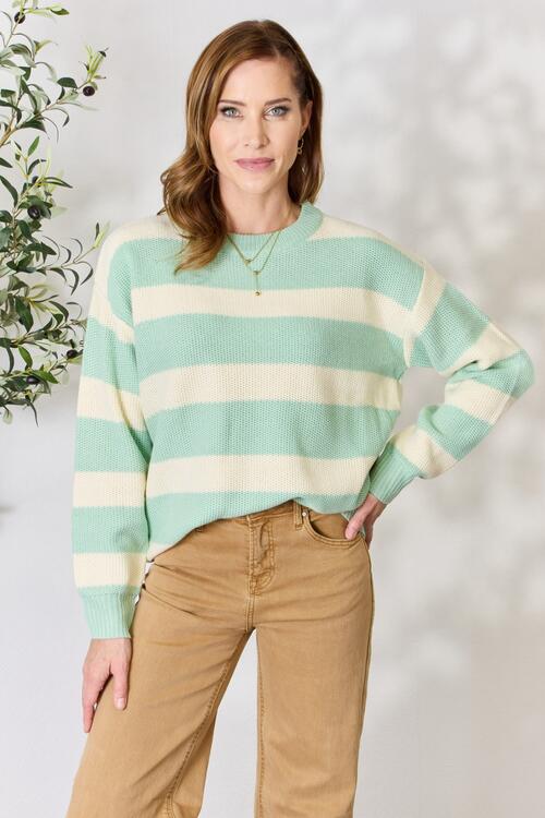 Sew In Love Full Size Contrast Striped Round Neck Sweater 