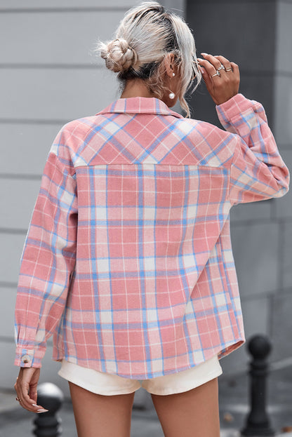 Plaid Pocketed Collared Neck Button Up Jacket 