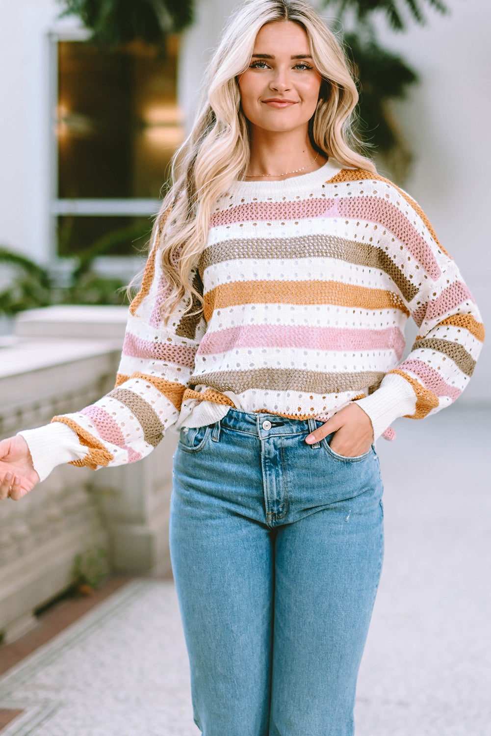 Openwork Striped Round Neck Long Sleeve Knit Top 