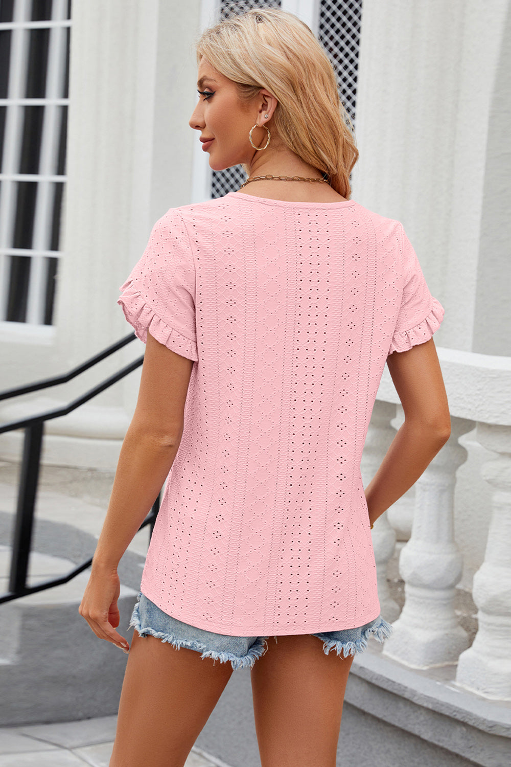 Eyelet Round Neck Petal Sleeve T-Shirt