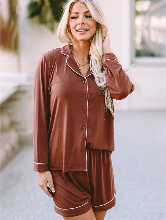 Lapel Collar Long Sleeve Buttoned Top and Shorts Lounge Set 