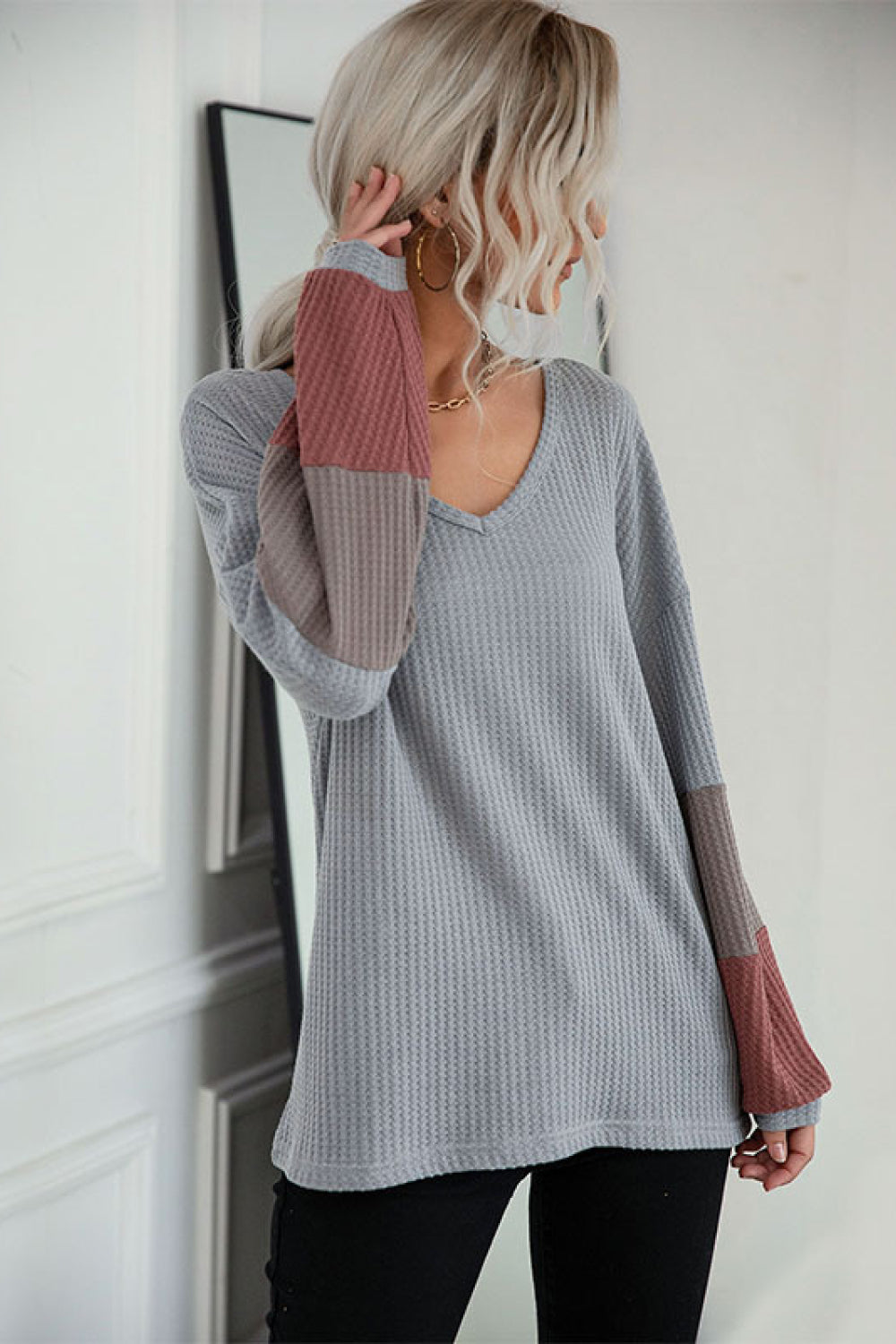 Color Block Sleeve Waffle Knit Tee 