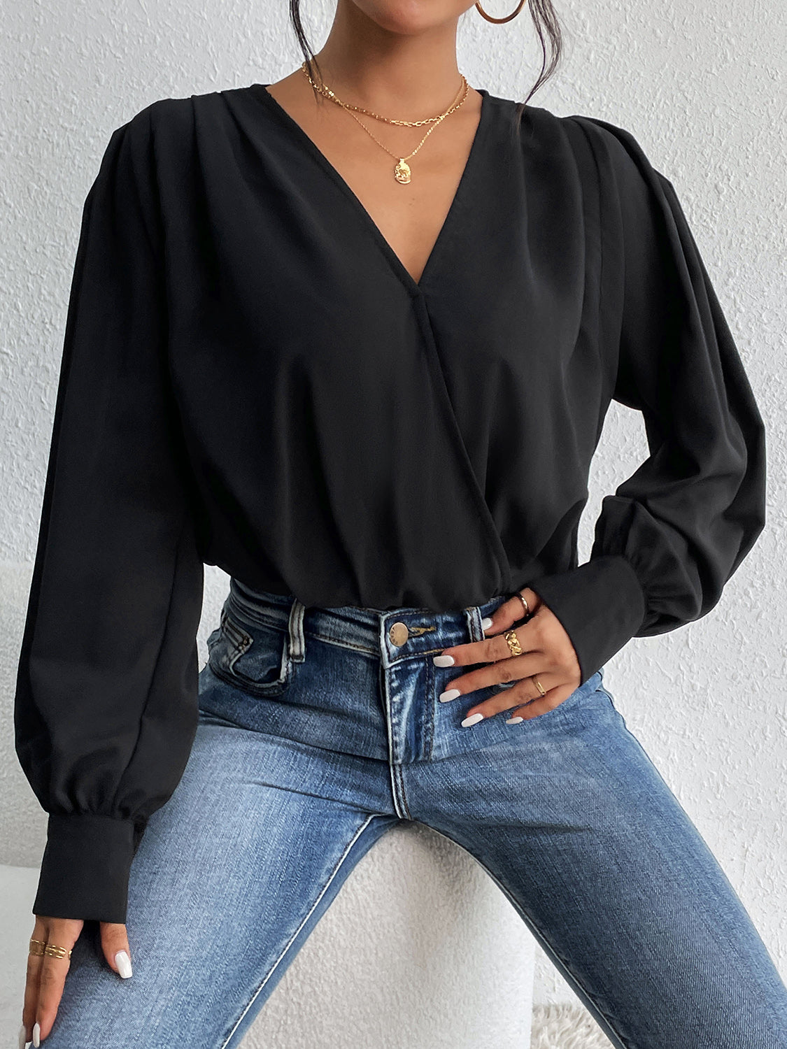 Surplice Ruched Long Sleeve Bodysuit 