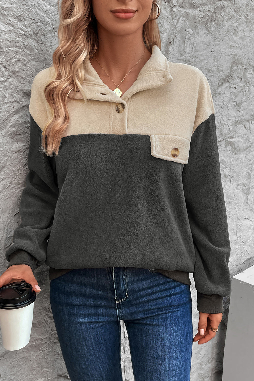 Color Block Quarter Button Dropped Shoulder Sweatshirt 