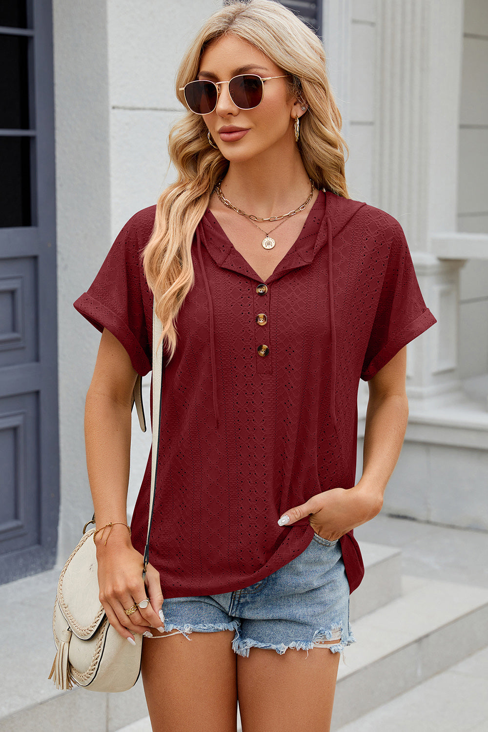 Eyelet Drawstring Hooded Short Sleeve Blouse 