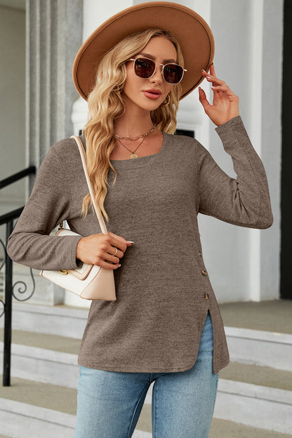 Slit Decorative Button Square Neck T-Shirt